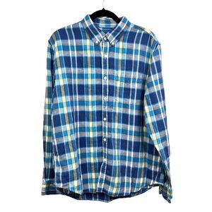 American Eagle Button Down Shirt Plaid Classic Fit Long Sleeve Blue Yellow Men L